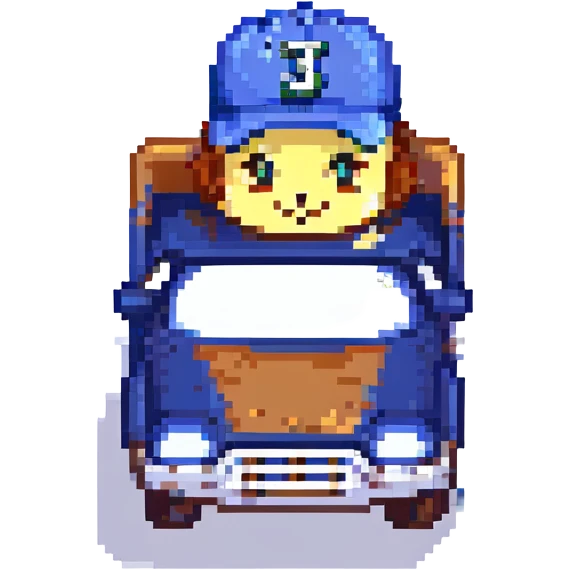 cute dump truck in navy blue and teal green, with a Mariners baseball cap, pixel art style emoji