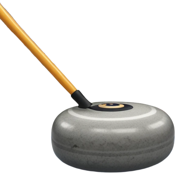 An icon showing a detailed close-up of a curling stone sliding across the ice, with a broom in motion beside it. The background features an indoor stadium with cheering spectators on the stands. Transparent background captures the strategy and focus of curling. emoji