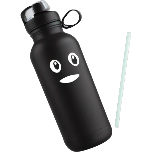 Black coloured reusable water bottle with handle and straw emoji