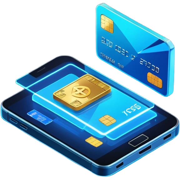 3D isometric fintech illustration, rotated to the left, neon blue lighting, instant crypto transfer, glowing coin, dynamic holographic arrows, metallic and glass textures, two isometric credit cards in the background, volumetric glass elements with realistic reflections emoji