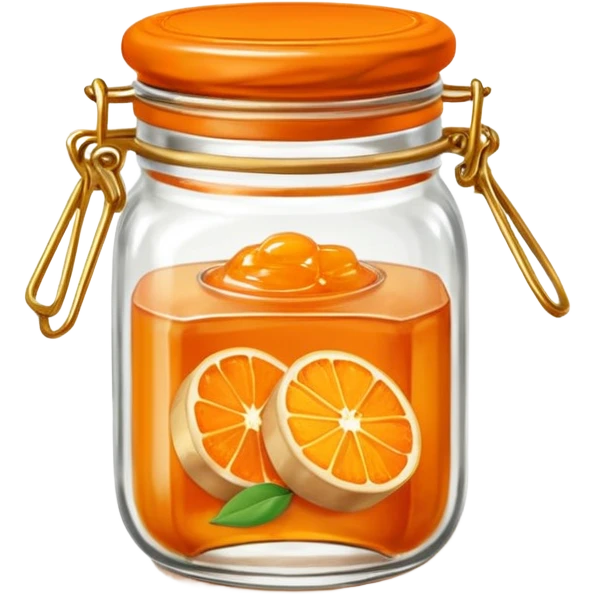 Hermès-style vintage baguette with orange jam jar, glass jar, gold and orange details, vintage French style, cute emoji style emoji