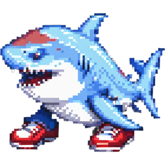 blue shark with red shoes in pixel art style emoji