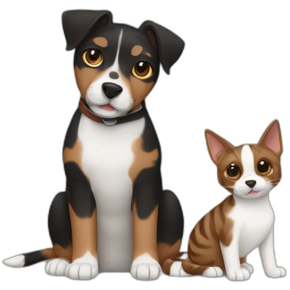 Black mackerel tabby cat and brown Jack Russell dog hugging emoji