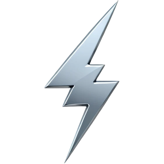 A lightning bolt emoji made of polished silver chrome, sharp yet rounded edges, glossy metallic surface, soft reflections, minimal futuristic design, iOS emoji style, centered, clean white background emoji
