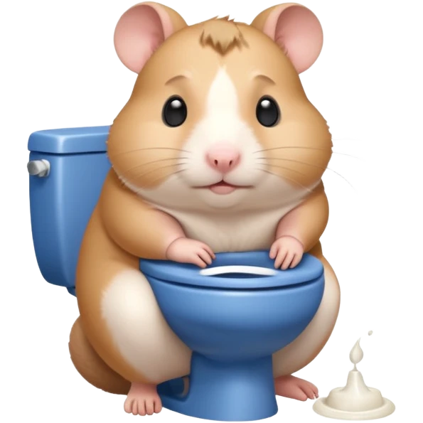 Cute chubby cartoon-style hamster sitting on toilet pooping looking as if he had an accident emoji