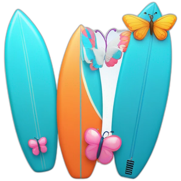A surfboard Cartoon Blue and orange smiling and a mikrophone Cartoon Blue and pink with butterfly emoji