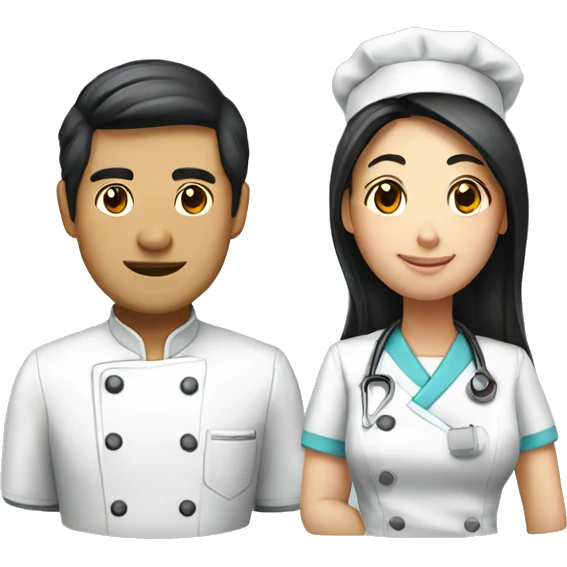Asian couple: a male chef and a female long hair nurse emoji