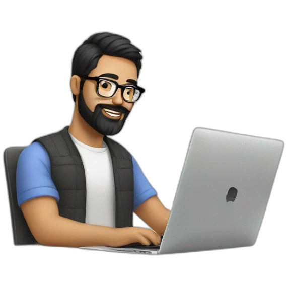 Designer with black hair, beard and glasses working with MacBook and drinking cappuccino  emoji