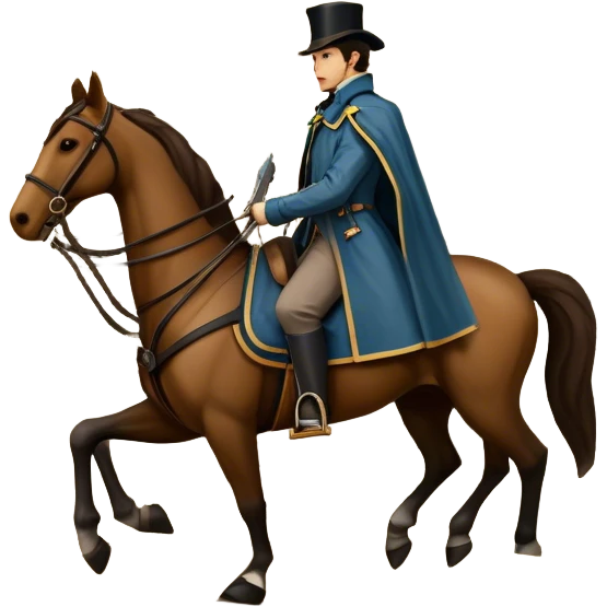 Icon for Reading Fiction: a large open book with pages turning into musketeers on horseback, and Sherlock Holmes. The icon should evoke the adventure and romance of exploring fictional worlds. Transparent background. emoji