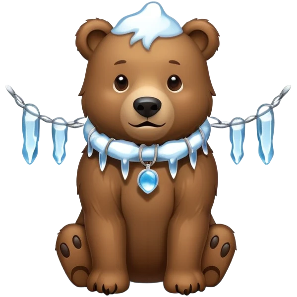 Realistic brown bear on all four legs with a large ice collar around its neck, shaped like a dog collar, with icicles hanging down from it, minimalist emoji style emoji