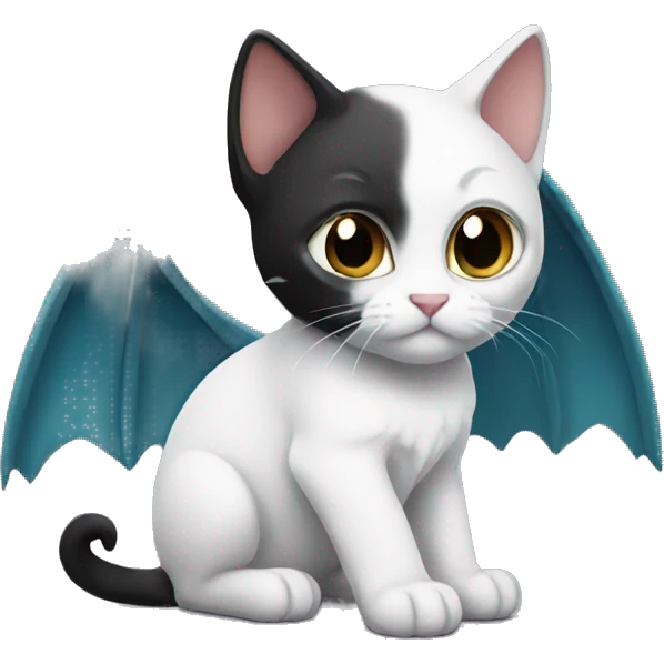 Small white and black kitten with dragon wings emoji