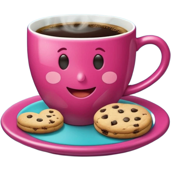 cup of coffee, steaming, the smoke should come out in the shape of a heart, the color of the cup is fuchsia, the cup has a happy face printed on it, the cup rests on a turquoise blue plate, and there are cookies and sugar cubes around the cup. emoji