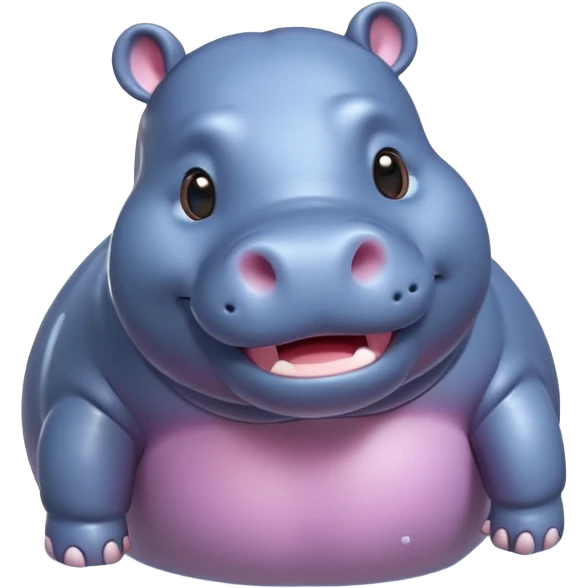 A 3D cartoon hippopotamus half-submerged in water, smiling gently, soft lighting, rounded body and glossy texture, cute Memoji-style look.Full body. emoji