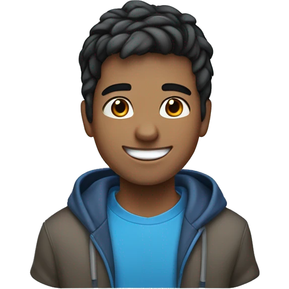 A cheerful young male digital avatar with medium skin, large brown eyes, black slicked-back hair, a bright smile, and a mole on the left cheek, wearing a blue hoodie. emoji