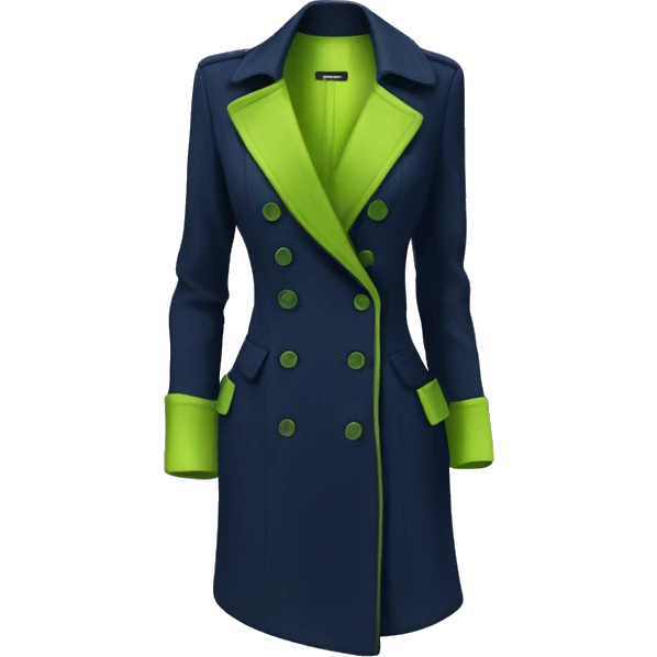 Realistic isolated open navy blue fashion Peacoat with lime green low cut silk blouse underneath.  emoji
