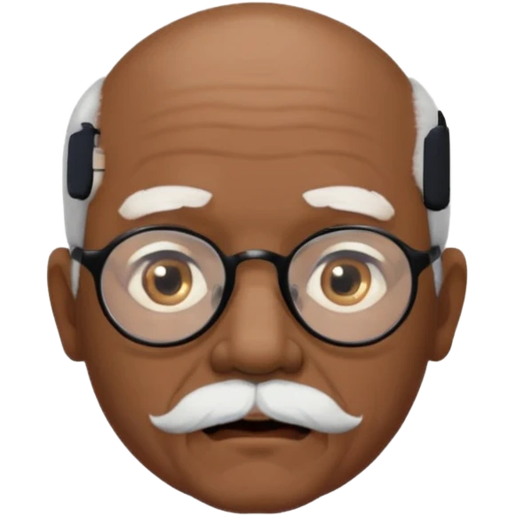 an elderly man with medium-dark skin tone, bald on top with short white hair at the sides, thick white eyebrows, large brown eyes, and wears black-framed glasses.
A small white beard sits above his mouth emoji