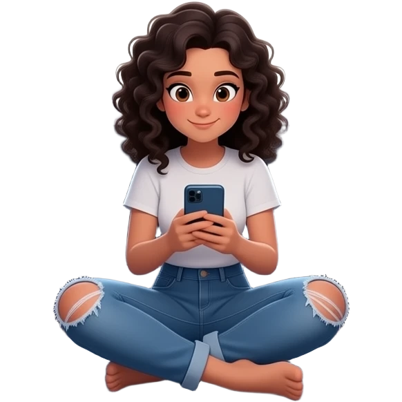 adolescente mujer morena que usa jean roto, pelo con rulos,sentada en el piso de una habitación desordenada, con ventana medio cerrada, colores oscuros, poster de musica en la pared,fotos con amigas,en el centro de una habitación, usando el celular,elementos que representen: música,  alimentación emoji