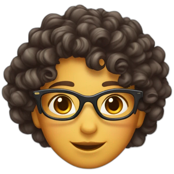 Spanish skin #8f6354 color, hair curly long with gradient from #382b26 to #876c55, has glasses with rectangular shape, has tortoiseshell cat ears, and is happy emoji