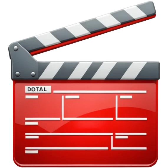 Glossy bright red clapperboard in the classic style of Apple icons: the top bar is tilted up-left, the body and bar with a deep glossy glare, dark gray edging, black background inside, perfectly square with rounded corners. emoji