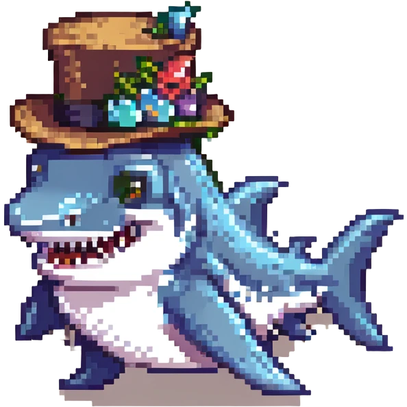 pixel art style cartoon shark, fancy tophat emoji
