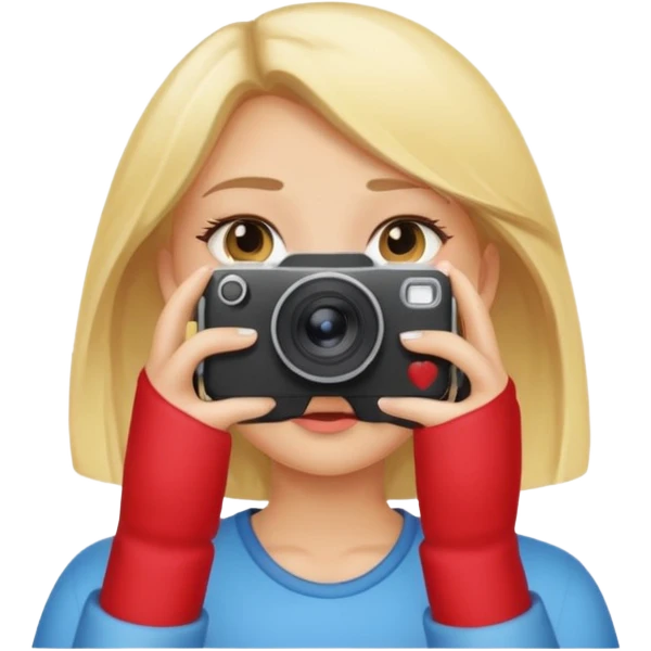 blonde cartoon girl taking picture camera in front of her face emoji