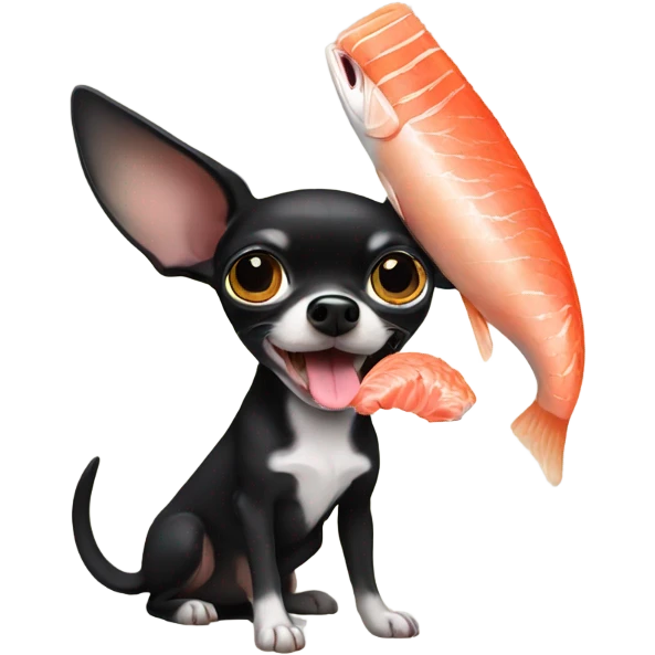 Black chihuahua with salmon in mouth emoji