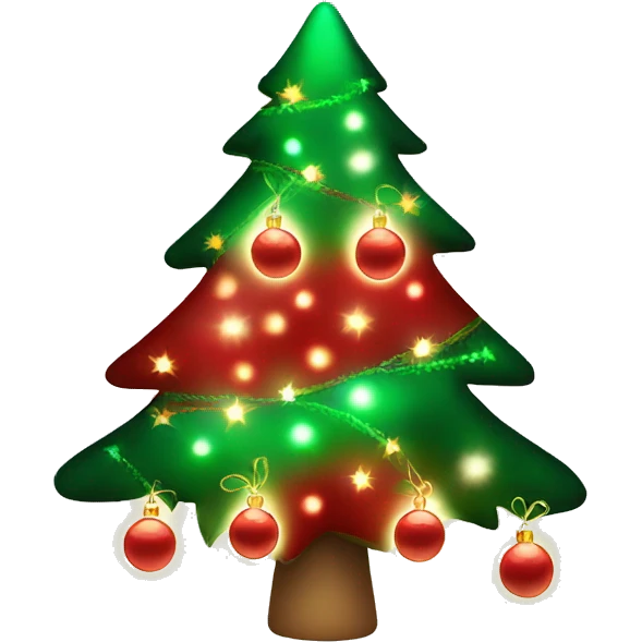 Decorated Christmas tree, red and green ornaments, glowing lights, festive look emoji