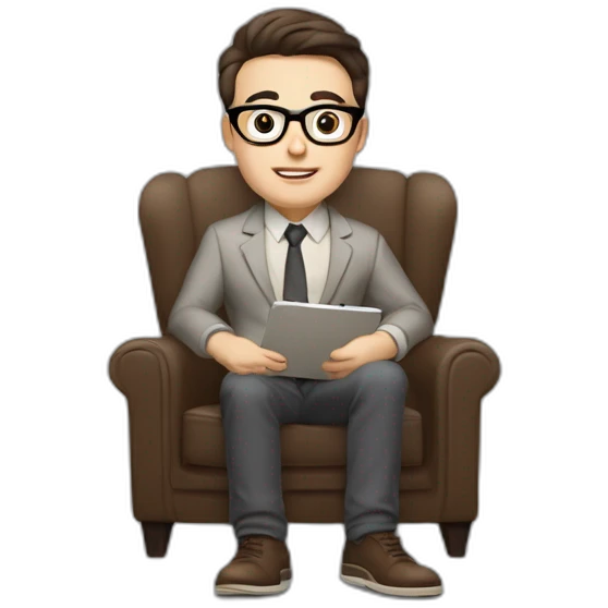 Pale skinned Fit Man With dark brown hair in gray jacket, beige office shirt and vintage glasses sitting In a soft chair with a notebook with emblem Ψ and a pen in his hands emoji