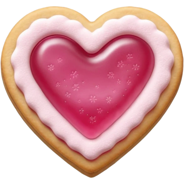 Realistic shortbread cookie in the shape of a heart with pink jelly middle filling and sprinkled powder sugar on top. emoji