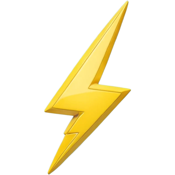 A cute 3D render icon of a lightning bolt shape. Rounded edges, plump and glossy yellow plastic material. Soft studio lighting, cheerful style. Isolated on a clean light blue gradient background. High quality, minimalist design isolated on a solid black background. emoji