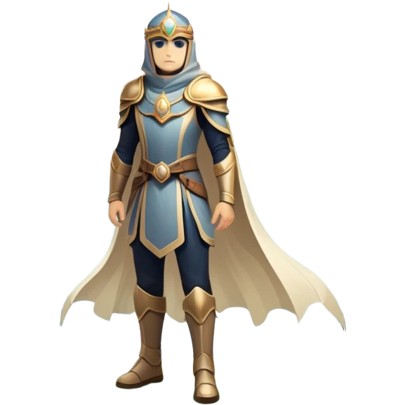 An icon featuring a hero with a closed visor, standing in a majestic, mystical landscape, inspired by RPGs like Elden Ring. The design includes a stunning, ethereal background with towering castles and distant mountains, symbolizing the adventure and mystery. Transparent background emoji