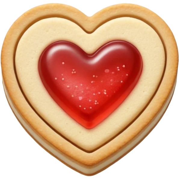 Realistic shortbread cookie in the shape of a heart with light red jelly middle filling and sprinkled powder sugar on top. emoji