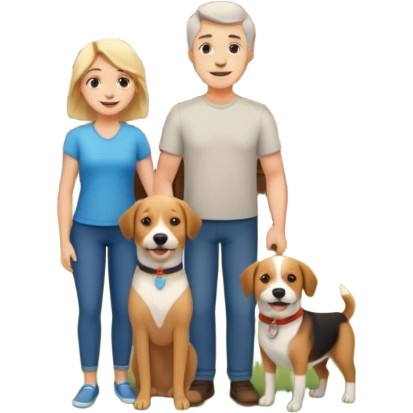 a mom and dad standing in front of a house with their son and a dog next to them emoji