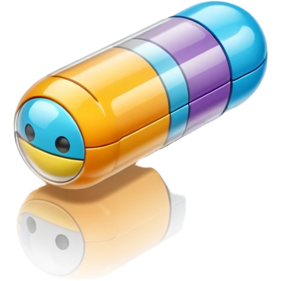 A single 3D cartoon capsule lying on a reflective surface, split color design, detailed shine, simple lighting, realistic Memoji-style. emoji