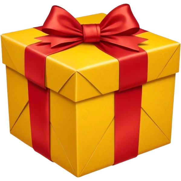 box with yellow wrapping paper and a length of red ribbon surrounding it emoji