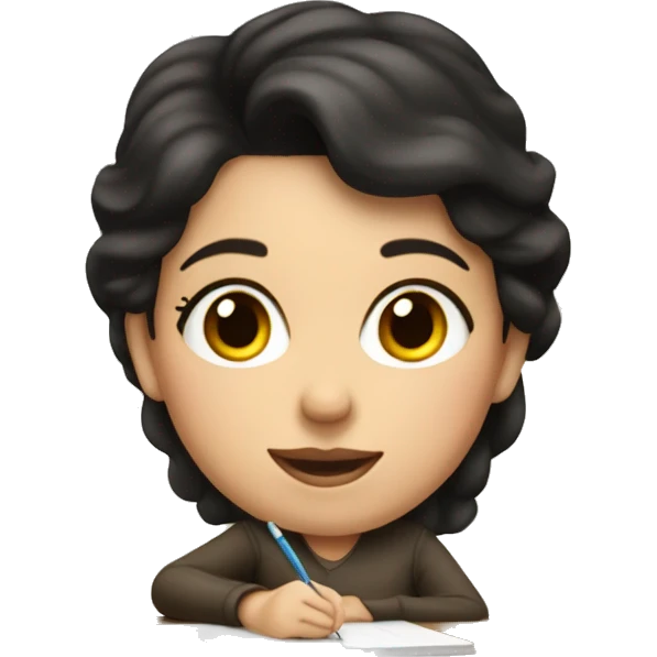 white mom with short dark hair writing  a notebook on a wooden desk emoji