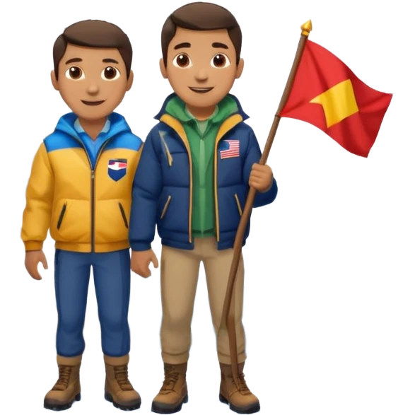smiling guy on a mountain with snow, mountain visible under his legs, holding a flag emoji