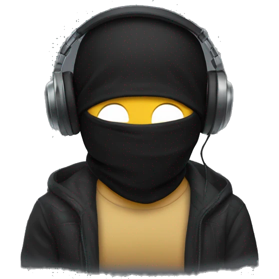 gamer with headphones and a black balaclava, there's a little bit of hair sticking out from under the balaclava. emoji