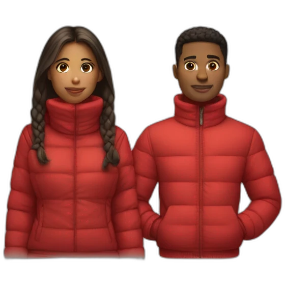 a girl with red turtle neck and a guy next to her with a puff jacket from their back emoji