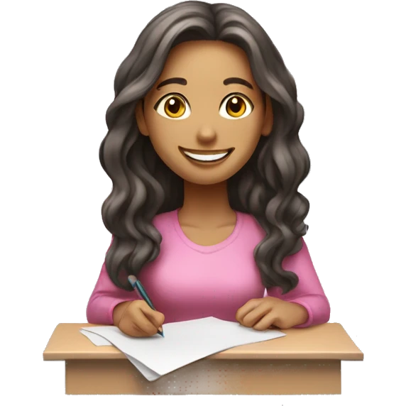 young woman, pink、long hair, smiling, white skin,and is a freelancer about writing paper. emoji