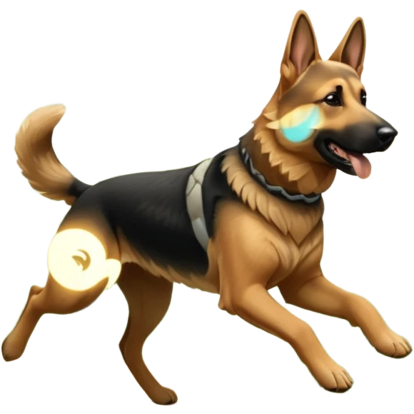 A German Shepherd running through a forest trail, showing strength and motion. Sunlight filtering through trees, dynamic action shot, detailed fur texture. emoji