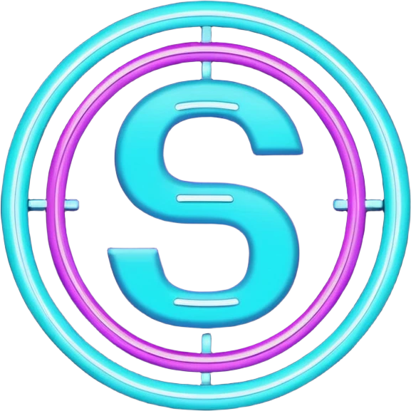 futuristic minimalistic emoji icon, letters "G" formed by three glowing digital lines representing Storm, Atom and NoizeGames, neon purple (#8B5CF6) and cyan (#00E0FF) on dark background, modern tech style, 1:1 aspect ratio emoji