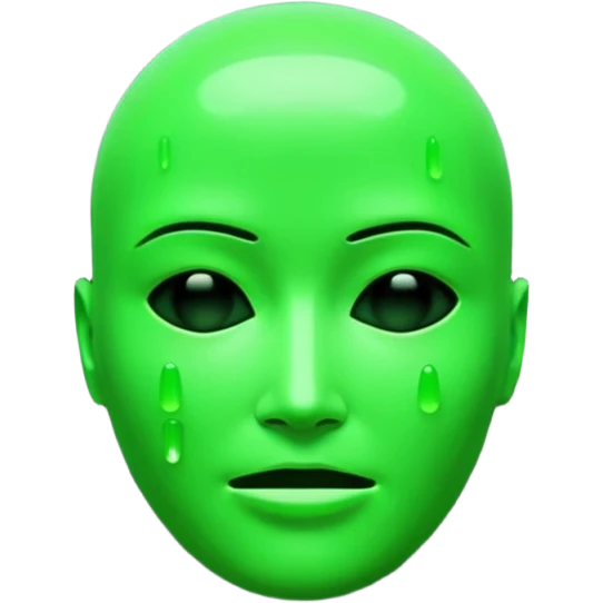Emoji inspired by The Matrix film, glowing green terminal code forming a face, digital rain backdrop, hacker cyberpunk aesthetic, high contrast black and green, cinematic sci-fi lighting, ultra-sharp 3D. emoji