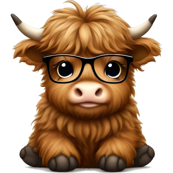 Cute Fluffy brown Highland cow baby sitting with a black glasses emoji