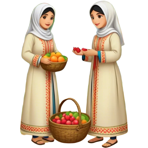 Palestinian women dressed in traditional embroidered thobes harvesting fruit in an orchard. Their vibrant and intricately designed dresses reflect deep heritage, while their coordinated efforts collecting fruit in a woven basket emoji