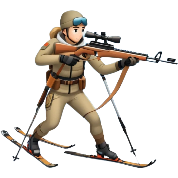 An icon showing a snowy landscape with pine trees, mountains, and a clear sky with a biathlete aiming a rifle in the foreground, wearing winter gear and skis. Transparent background emphasizes the precision, endurance, and beauty of this winter sport. emoji