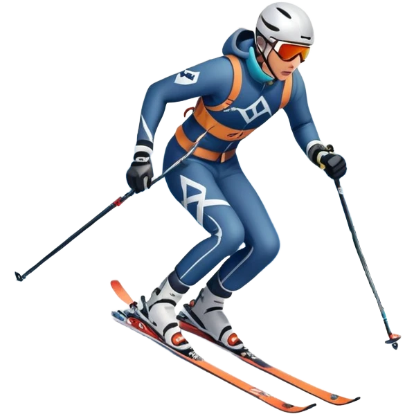 An icon featuring a skier racing down a snow-covered slope, surrounded by snowy peaks and pine trees. The design includes ski poles, bright winter gear, and dynamic motion lines, capturing the thrill and speed of alpine skiing. Transparent background emoji