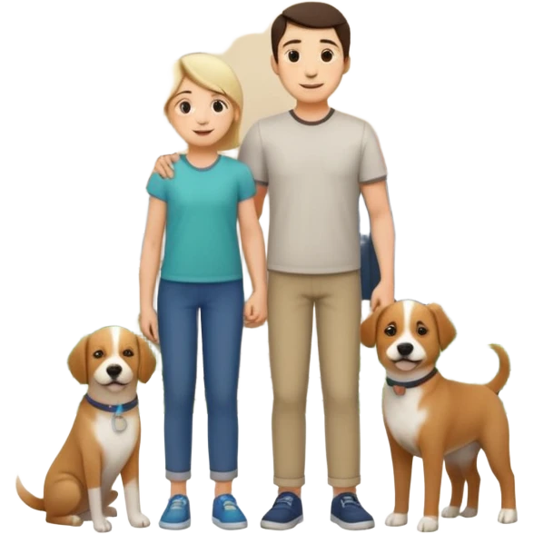 1 Father 1 Mother and 1 young BOY who is half as tall as the parents, standing in front of their house with a dog next to them. Everyone should look VERY happy. There MUST be a house behind them with trees and plants emoji