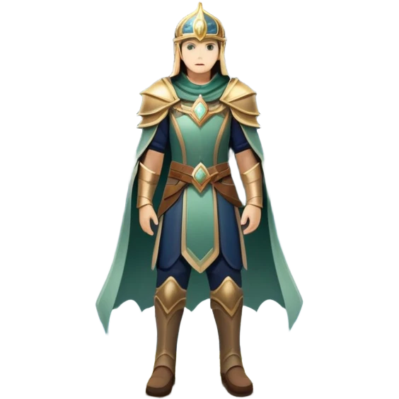 An icon featuring a hero with a closed visor, standing in a majestic, mystical landscape, inspired by RPGs like Elden Ring. The design includes a stunning, ethereal background with towering castles and distant mountains, symbolizing the adventure and mystery. Transparent background emoji