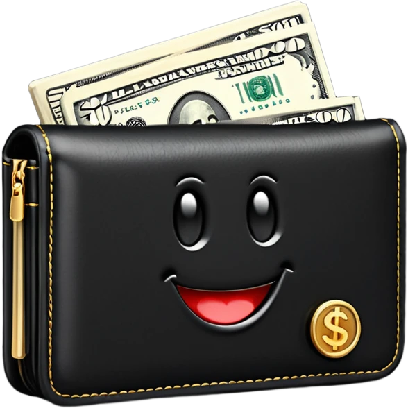 Rich emoji style black leather wallet with dollar bills, luxury money vibe, premium 3D emoji, ultra clean, high detail, no background
 emoji